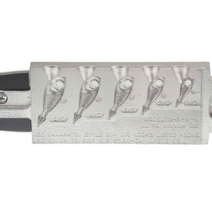 Do-It Ultra Minnow Jig Mold in silver with knife edge point showing sizes 18/14/38/12/58 oz