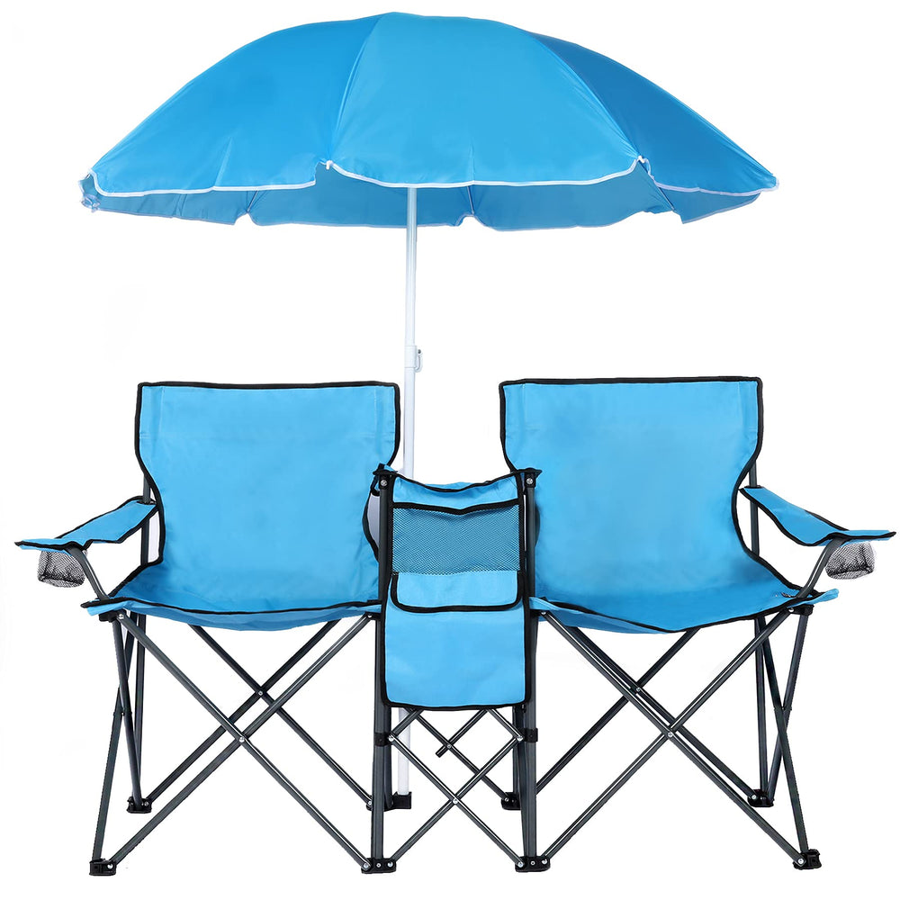 DOALBUN double folding chair with umbrella provides shade on sunny beach days.