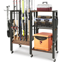 Front view of Dobures 3-Tier Fishing Rod Holder Rack holding 12 rods