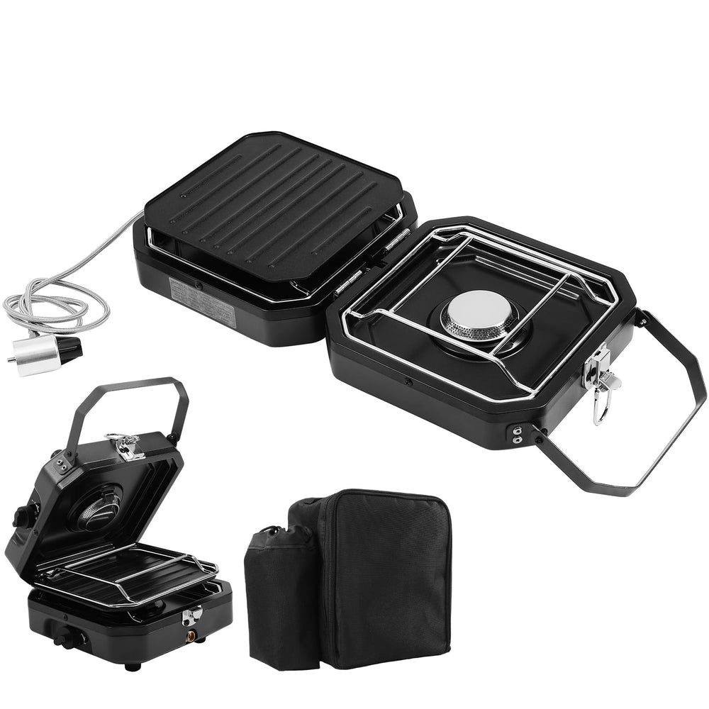 Dollate two-burner stove with side shelves for outdoor cooking versatility.