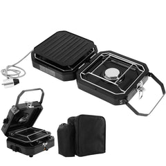 Dollate two-burner stove with side shelves for outdoor cooking versatility.