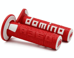 Domino A360 dirt bike grips in red and white left view for enhanced control and comfort.