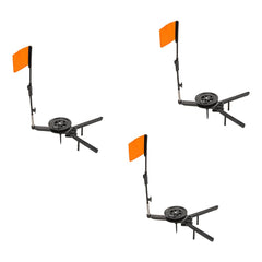 Front view of DONGKER 3-pack ice fishing tip-ups showing black ABS bodies with orange flags
