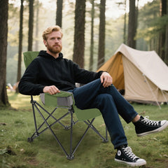 DongLaiGo camping chair with cup holder keeps drinks within reach.