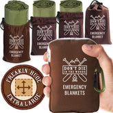 Don't Die In The Woods emergency blanket packed in ripstop sack for compact travel storage.