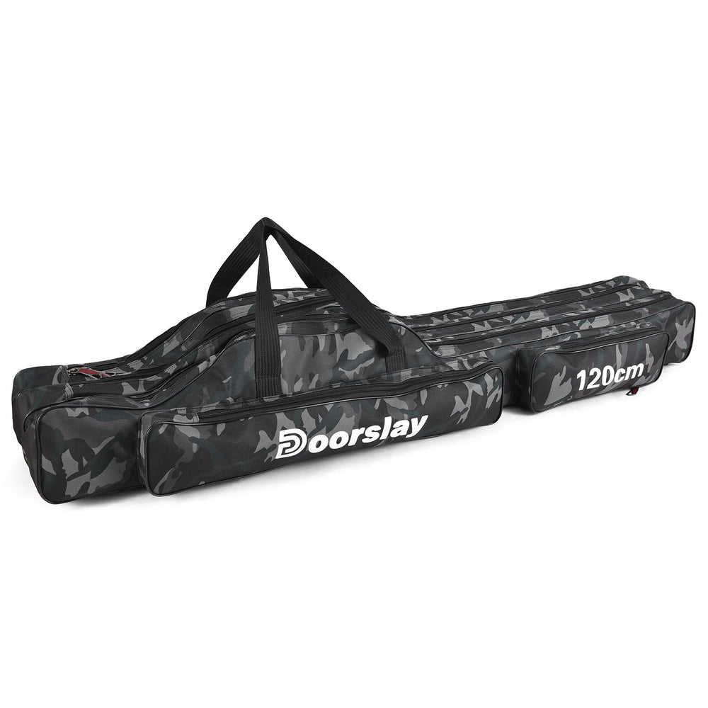 Doorslay three-layer fishing rod bag with organized compartments for easy gear access