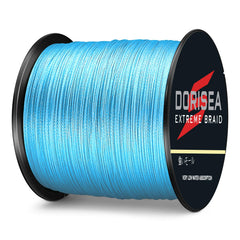 Dorisea Extreme Braid blue 500m spool demonstrates abrasion resistance under rugged fishing conditions.