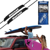 DORSAL universal soft roof rack pads on crossbar protecting surfboard during transport