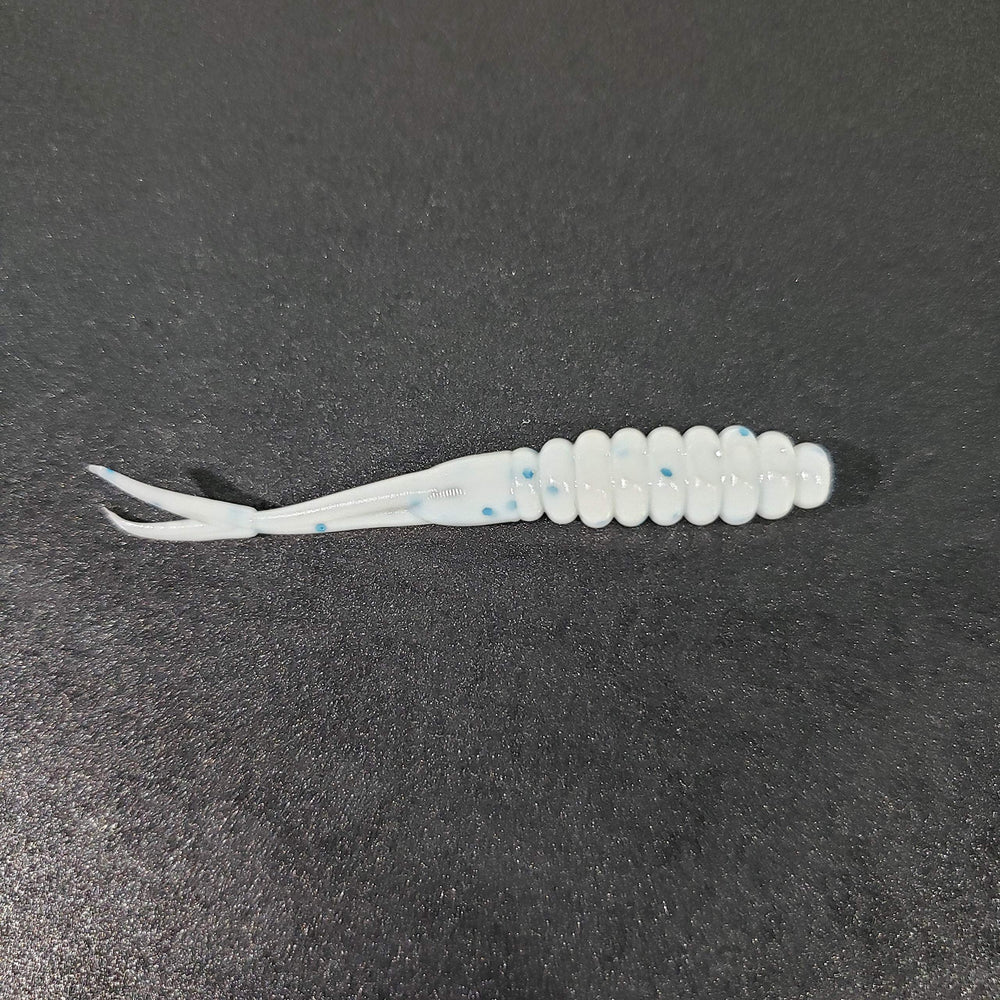 Double Catch Tiny Fluke Crappie Panfish Plastic, white blue glitter, with lifelike tail action.