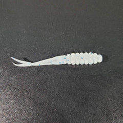 Double Catch Tiny Fluke Crappie Panfish Plastic, white blue glitter, with lifelike tail action.