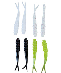 Double Catch Tiny Fluke scented bait for ice fishing and panfish, white blue glitter.