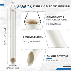 Close-up of PVC sand spikes ready to be installed in sand