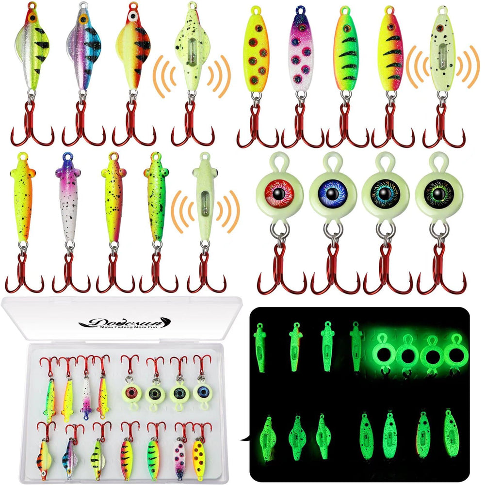 Dovesun ice fishing jigs kit display with 4-piece Crouching Tiger Spoon