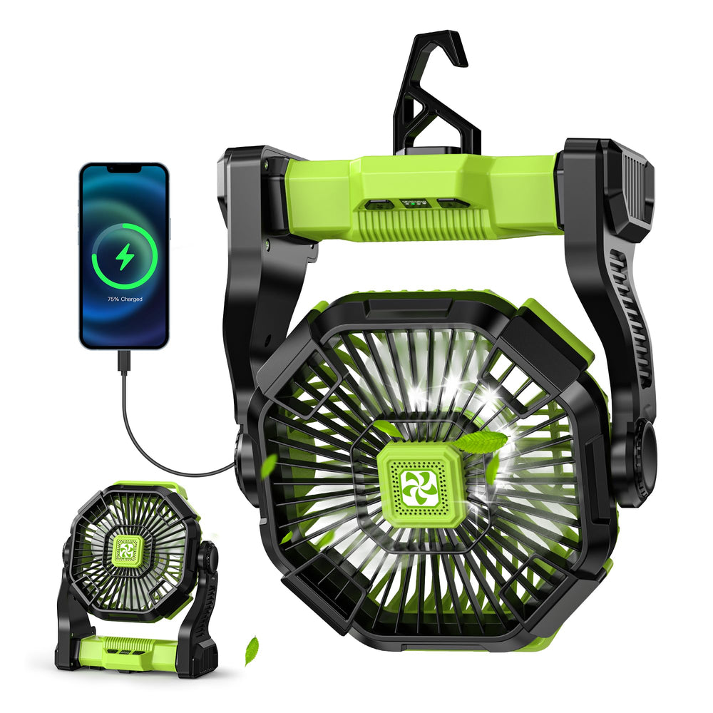 Doviluxe battery powered fan with LED lantern in-use, portable cooling for camping adventures.