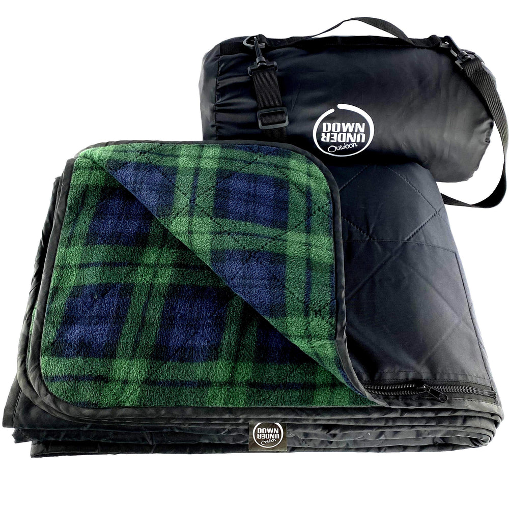 DOWN UNDER OUTDOORS blanket-large-green-check shows outdoor comfort for picnics and bleacher seating