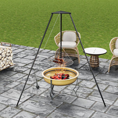 DPZM campfire tripod showing adjustable-height chain for precise heat control