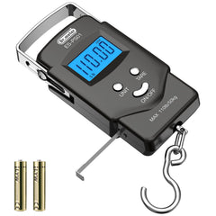 Dr.meter fish scale with backlit LCD displaying 110 lb/50 kg