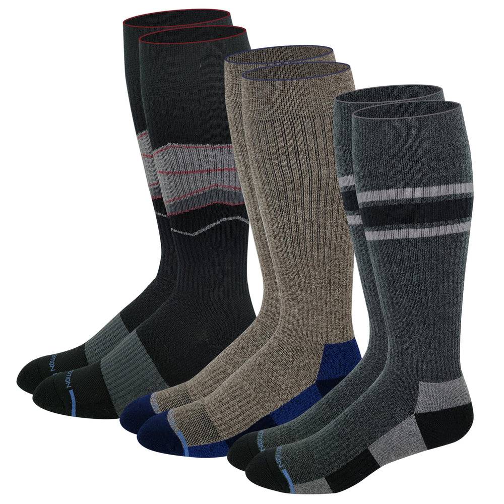 Dr Motion men's outdoor hiking compression socks 3-pair set with cushioned heel for comfort.