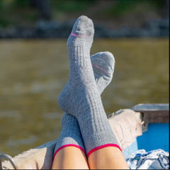 Dr. Motion hiking sock charcoal beige showing compression cuff for all-day comfort