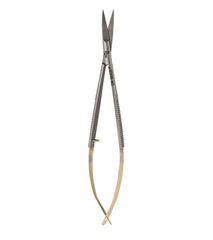 Dr. Slick Spring Iris Scissor 4 inch with gold handles; straight blade for precise fly tying.