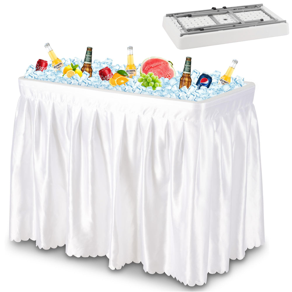 Dragosum Outdoor Cooler Table folding legs enable easy transport for parties.