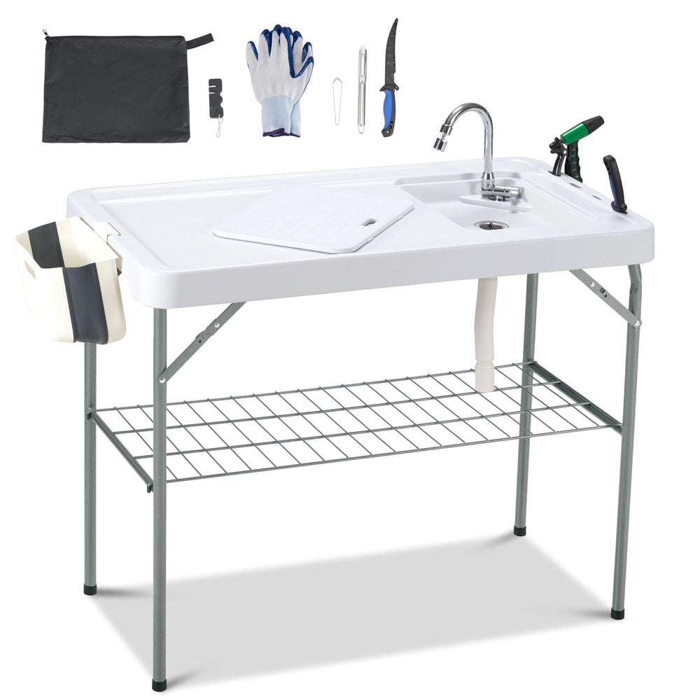 Dragosum outdoor sink table with faucet shows built in water source for quick fish cleaning