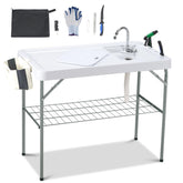 Dragosum outdoor sink table with faucet shows built in water source for quick fish cleaning