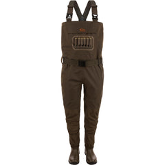 Front view of Drake Hardline breathable 3-layer chest waders in Green Timber, XL, boot 11
