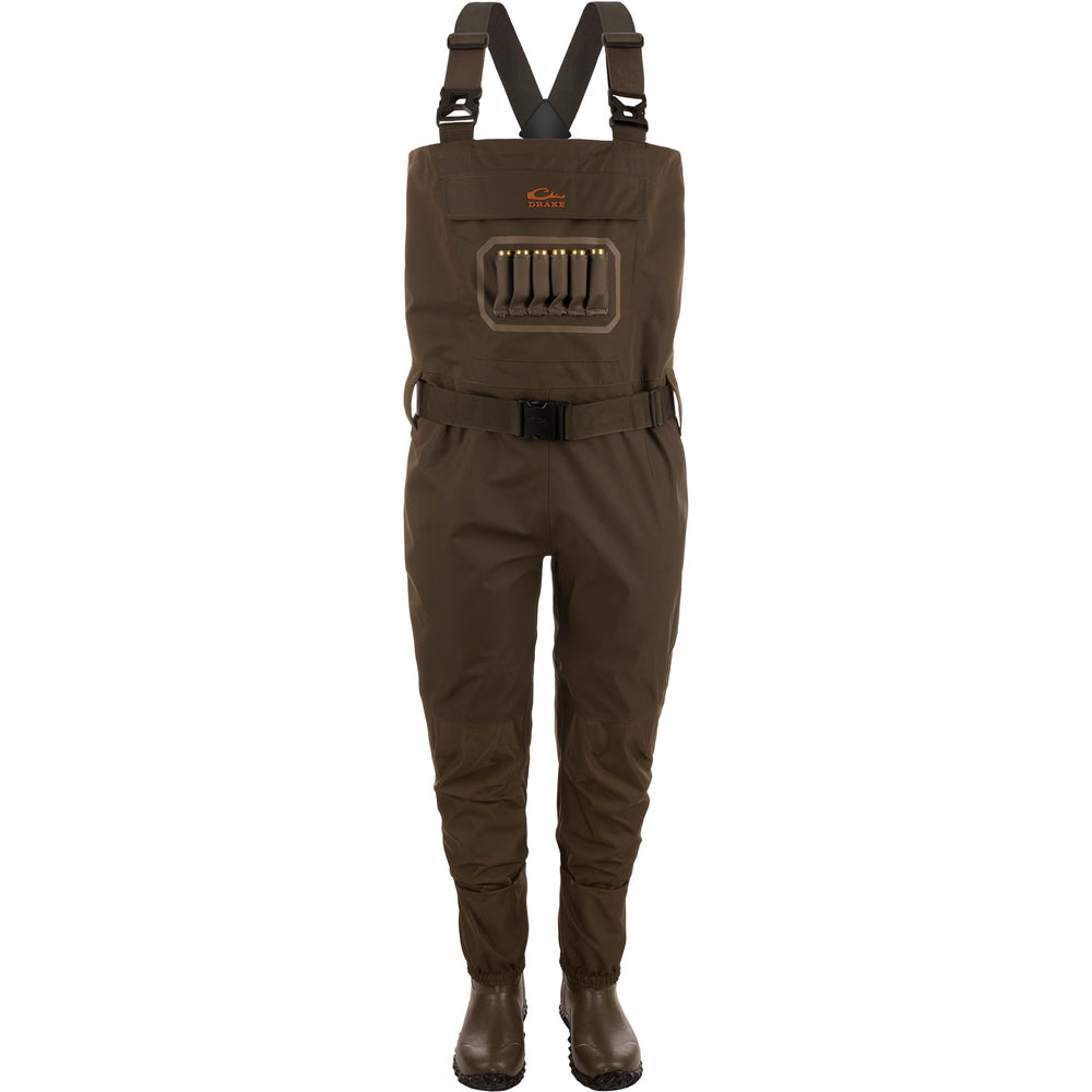 Drake Hardline breathable 3-layer waterproof chest waders with green timber design and boot size 12
