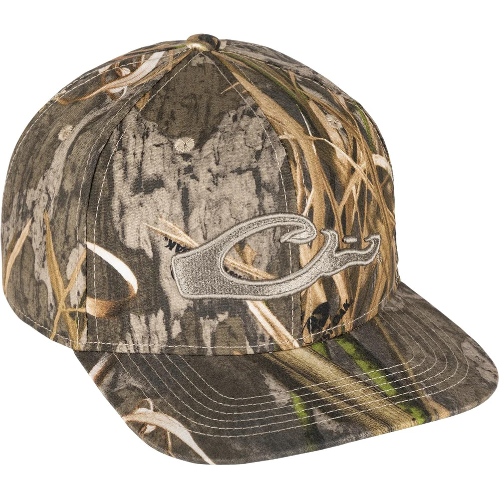 Drake Waterfowl camo flat bill cap in shadow grass habitat camo for concealed outdoor wear and all-day comfort