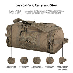 Drake Waterfowl Duffle Bag Bottomland Large side pocket for organized trips.