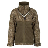Drake Waterfowl Eqwaderplus full zip jacket in Mossy Oak Bottomland front view shows weather protection