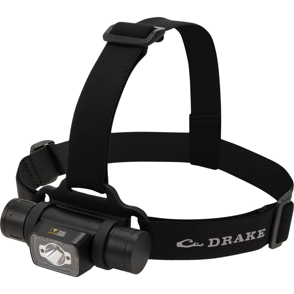 Drake Waterfowl EVO1000 headlamp front view shows rugged aluminum body for reliable field lighting.