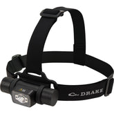 Drake Waterfowl EVO1000 headlamp front view shows rugged aluminum body for reliable field lighting.