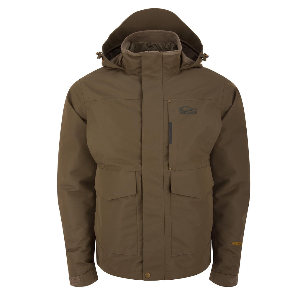 Drake Waterfowl Hardline outer shell waterproof windproof with DWR for rugged mornings.