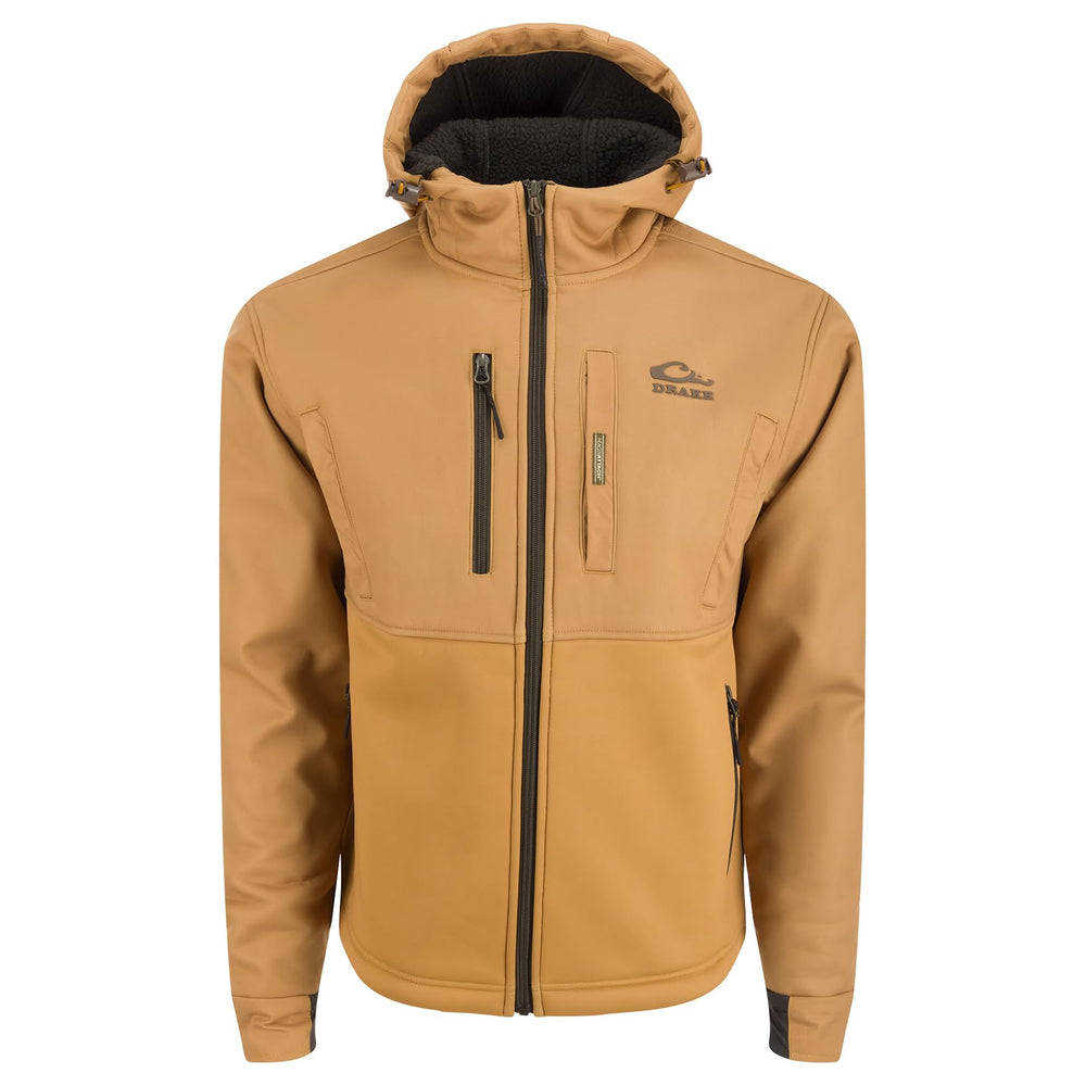 Drake Waterfowl MST Hole Shot hooded windproof upper detail shows wind-blocking 3-layer protection.