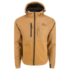 Drake Waterfowl MST Hole Shot hooded windproof upper detail shows wind-blocking 3-layer protection.