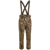Drake Waterfowl MST waist-high insulated bib front view with weatherproof shell for warmth.