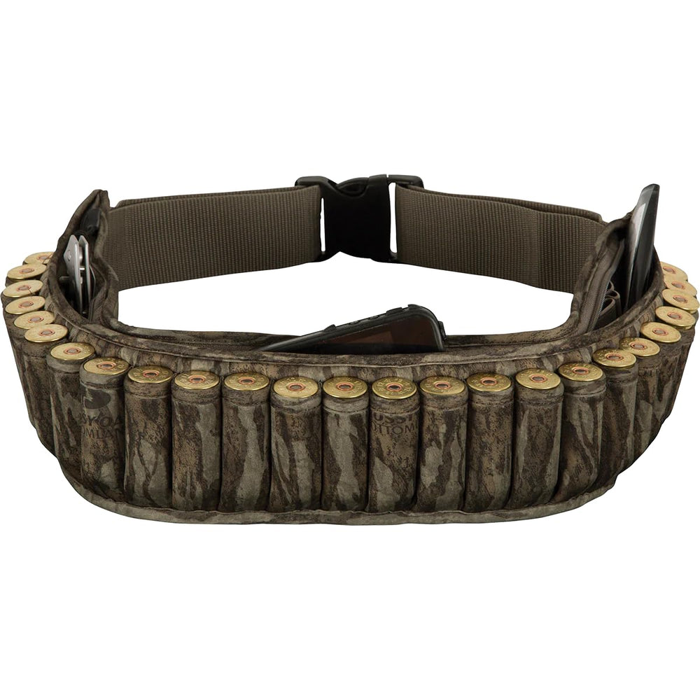 Drake Waterfowl neoprene shell belt in Mossy Oak Bottomland, side view for quick shell access