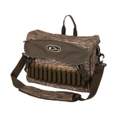 Drake Waterfowl Shoulder Bag 2.0 front view in Mossy Oak Bottomland highlighting rugged, organized storage