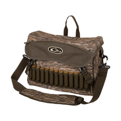 Drake Waterfowl Shoulder Bag 2.0 front view in Mossy Oak Bottomland highlighting rugged, organized storage