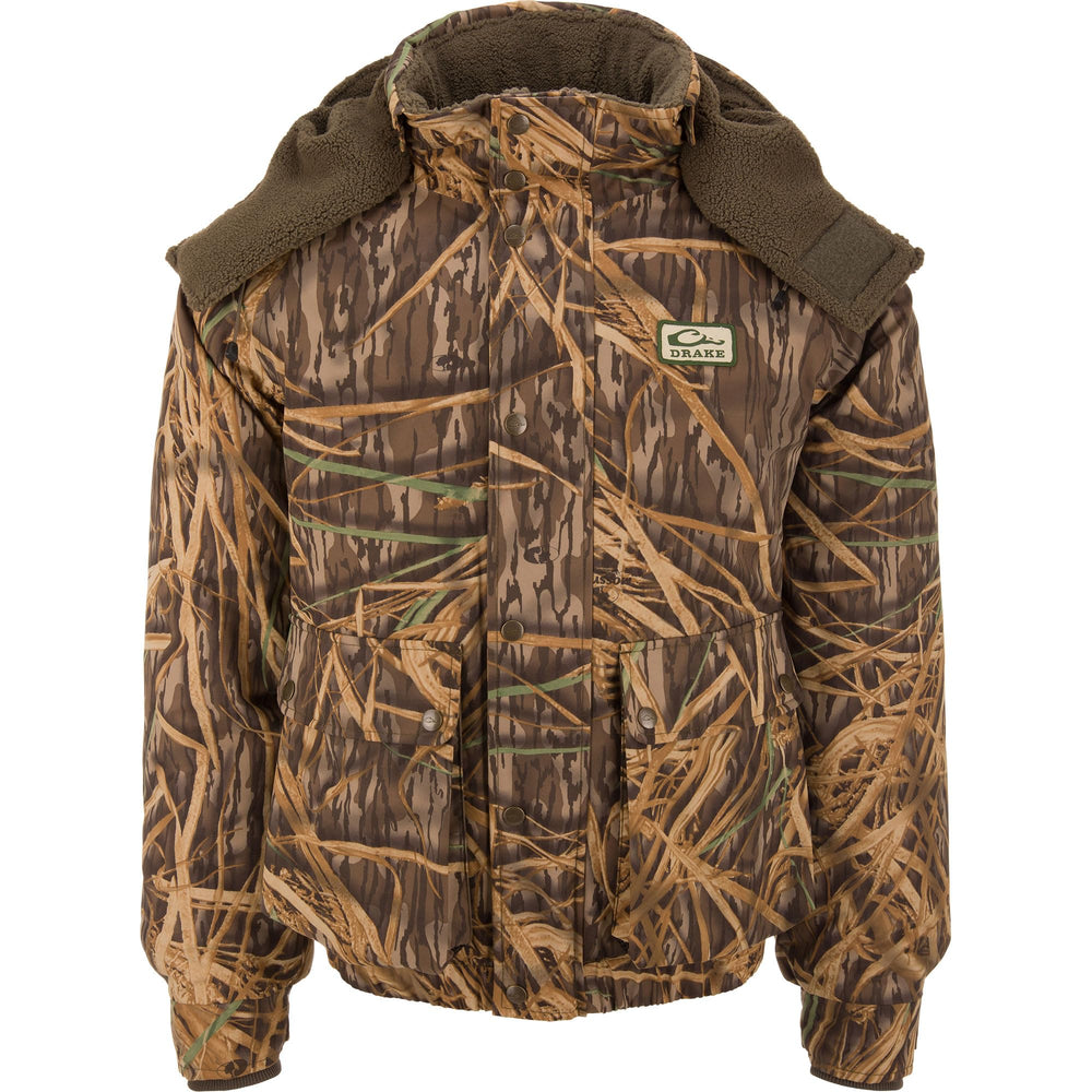 Drake Waterfowl Throwback 80 Sport outer jacket offers waterproof windproof protection.