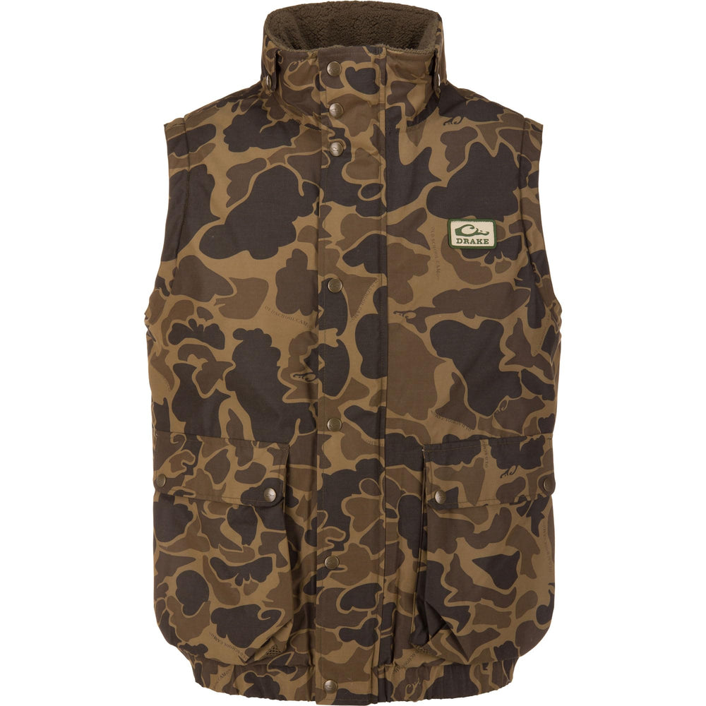Drake Waterfowl Throwback 80 Sport Vest front view showing waterproof, windproof comfort.