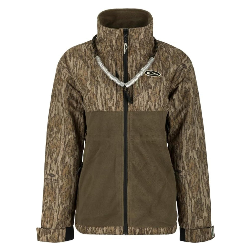 Drake Women's Eqwaderplus Full Zip Mossy Oak Bottomland front view with waterproof breathability for waders