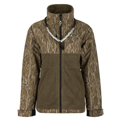 Drake Women's Eqwaderplus Full Zip Mossy Oak Bottomland front view with waterproof breathability for waders