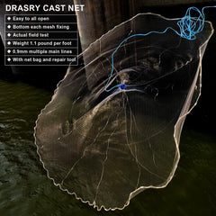 Drasry cast net being cast shows user-friendly operation for beginners.