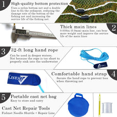 Drasry cast net bottom protection features yellow nylon to extend wear life during throws