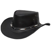 Dream Apparel black leather cowboy hat front view, versatile western style for outdoors