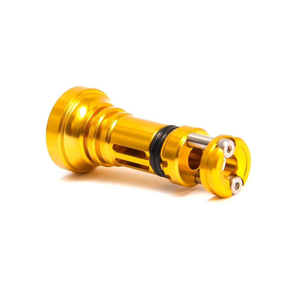 DRESS Origin Reel Stand Daiwa Ver. 3 Gold in front view for ground clearance