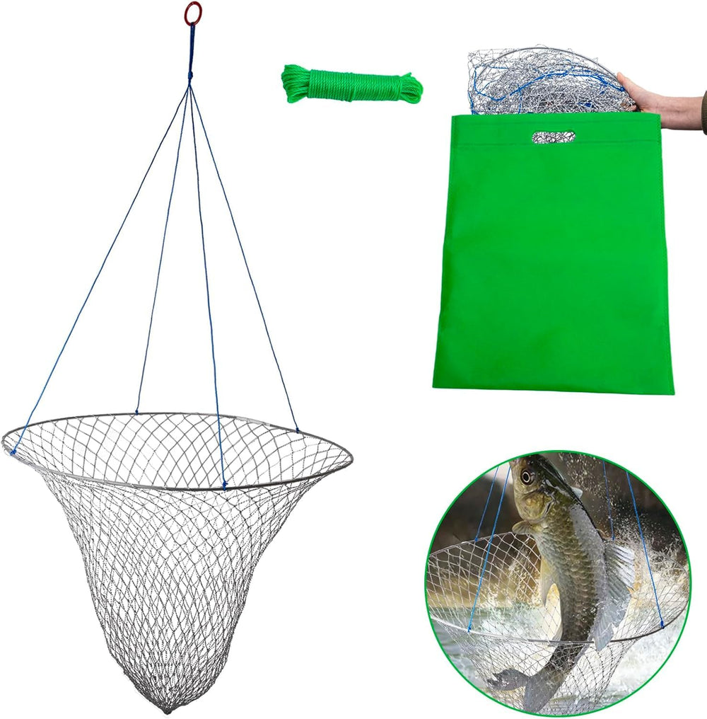 Drop net for pier fishing with a 32-inch diameter soft steel hoop
